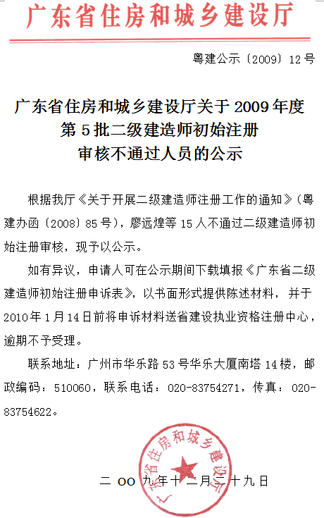 關(guān)于2009年度第5批二級(jí)建造師初始注冊(cè)審核不通過(guò)人員的公示